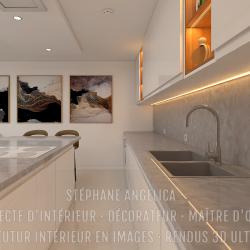 CUISINE ÉQUIPÉE SUR-MESURE AVEC ÎLOT CENTRAL : APPARTEMENT VEFA EN RENDUS 3D ULTRA HD