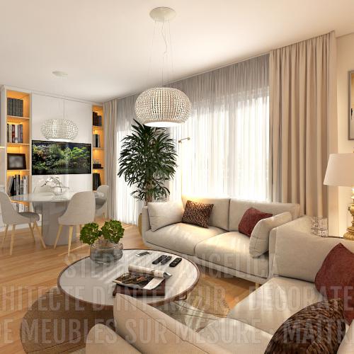 PROJET TRAVAUX PIÈCE DE 34 M² · APRÈS : RÉNOVATION ET AGENCEMENT DE MEUBLES SUR MESURE